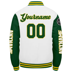 Maßgeschneiderte Grün Gelb Weiß Letterman Varsity Jacket Individuelle Stickerei Druck nach Ihrem Wunsch