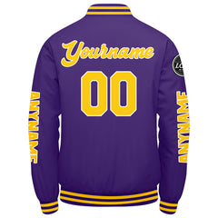 Maßgeschneiderte Lila Gelb Letterman Varsity Jacket Individuelle Stickerei Druck nach Ihrem Wunsch