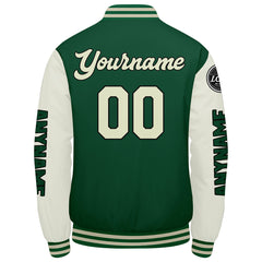 Maßgeschneiderte Grüne Creme Letterman Varsity Jacket Individuelle Stickerei Druck nach Ihrem Wunsch