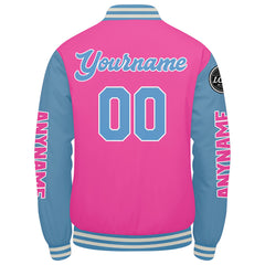 Maßgeschneiderte Rosa Hellblau Letterman Varsity Jacket Individuelle Stickerei Druck nach Ihrem Wunsch