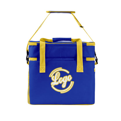 Maßgeschickerte Blau Gelb vollflächig bedruckte isolierte Kühltasche mit Doppelwand Wasserdichte 600D Oxford Picknick-Tragetasche für Teamevents & Outdoor-Grillen