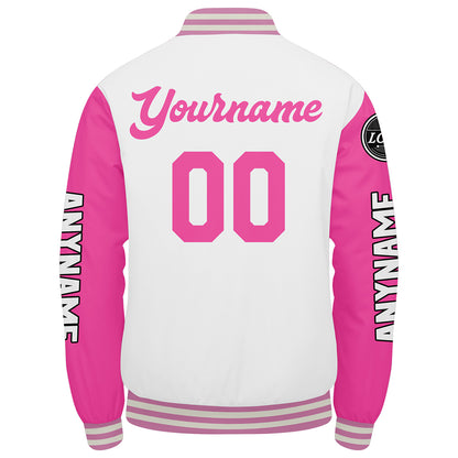 Maßgeschneiderte Weiß Rosa Letterman Varsity Jacket Individuelle Stickerei Druck nach Ihrem Wunsch