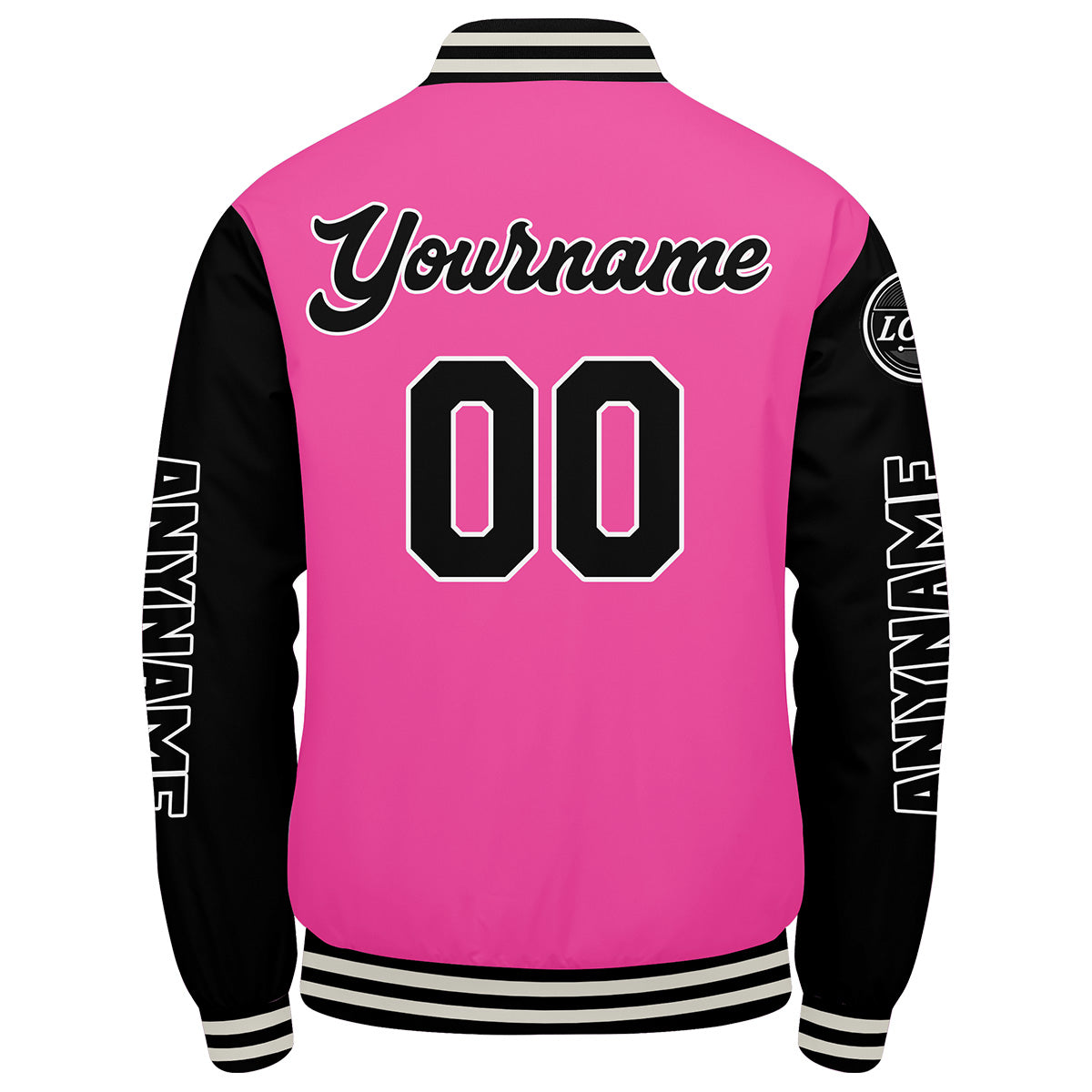 Maßgeschneiderte Rosa Schwarz Letterman Varsity Jacket Individuelle Stickerei Druck nach Ihrem Wunsch