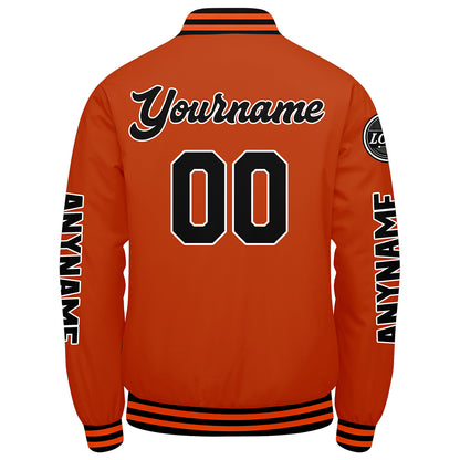 Maßgeschneiderte Schwarz Orange Letterman Varsity Jacket Individuelle Stickerei Druck nach Ihrem Wunsch