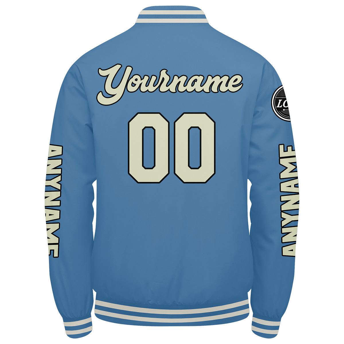 Maßgeschneiderte Hellblaue Creme Letterman Varsity Jacket Individuelle Stickerei Druck nach Ihrem Wunsch