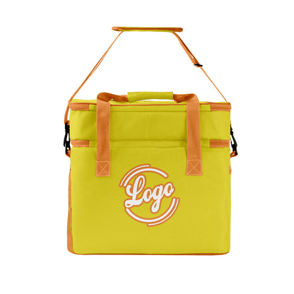 Maßgeschickerte Gelb Orange vollflächig bedruckte isolierte Kühltasche mit Doppelwand Wasserdichte 600D Oxford Picknick-Tragetasche für Teamevents & Outdoor-Grillen