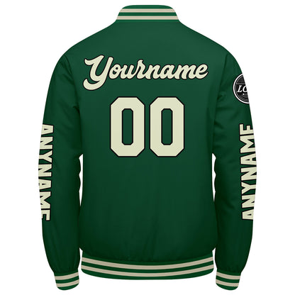 Maßgeschneiderte Grüne Creme Letterman Varsity Jacket Individuelle Stickerei Druck nach Ihrem Wunsch