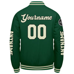 Maßgeschneiderte Grüne Creme Letterman Varsity Jacket Individuelle Stickerei Druck nach Ihrem Wunsch