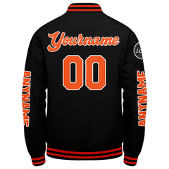 Maßgeschneiderte Schwarz Orange Letterman Varsity Jacket Individuelle Stickerei Druck nach Ihrem Wunsch