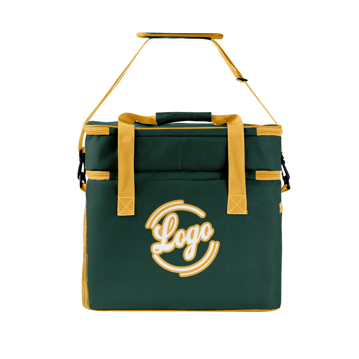 Maßgeschickerte Dunkelgrün Gelb vollflächig bedruckte isolierte Kühltasche mit Doppelwand Wasserdichte 600D Oxford Picknick-Tragetasche für Teamevents & Outdoor-Grillen