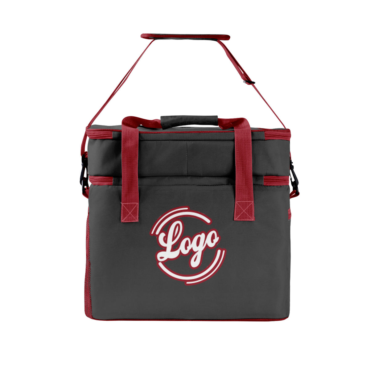 Maßgeschickerte Grau Rot vollflächig bedruckte isolierte Kühltasche mit Doppelwand Wasserdichte 600D Oxford Picknick-Tragetasche für Teamevents & Outdoor-Grillen