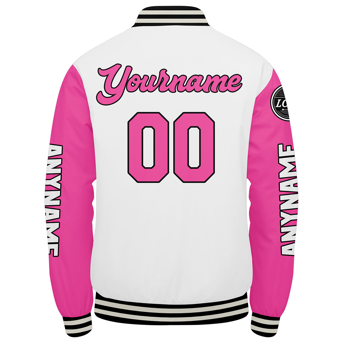 Maßgeschneiderte Weiß Rosa Letterman Varsity Jacket Individuelle Stickerei Druck nach Ihrem Wunsch