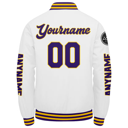 Maßgeschneiderte Lila Weiß Gelb Letterman Varsity Jacket Individuelle Stickerei Druck nach Ihrem Wunsch