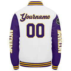 Maßgeschneiderte Lila Weiß Gelb Letterman Varsity Jacket Individuelle Stickerei Druck nach Ihrem Wunsch