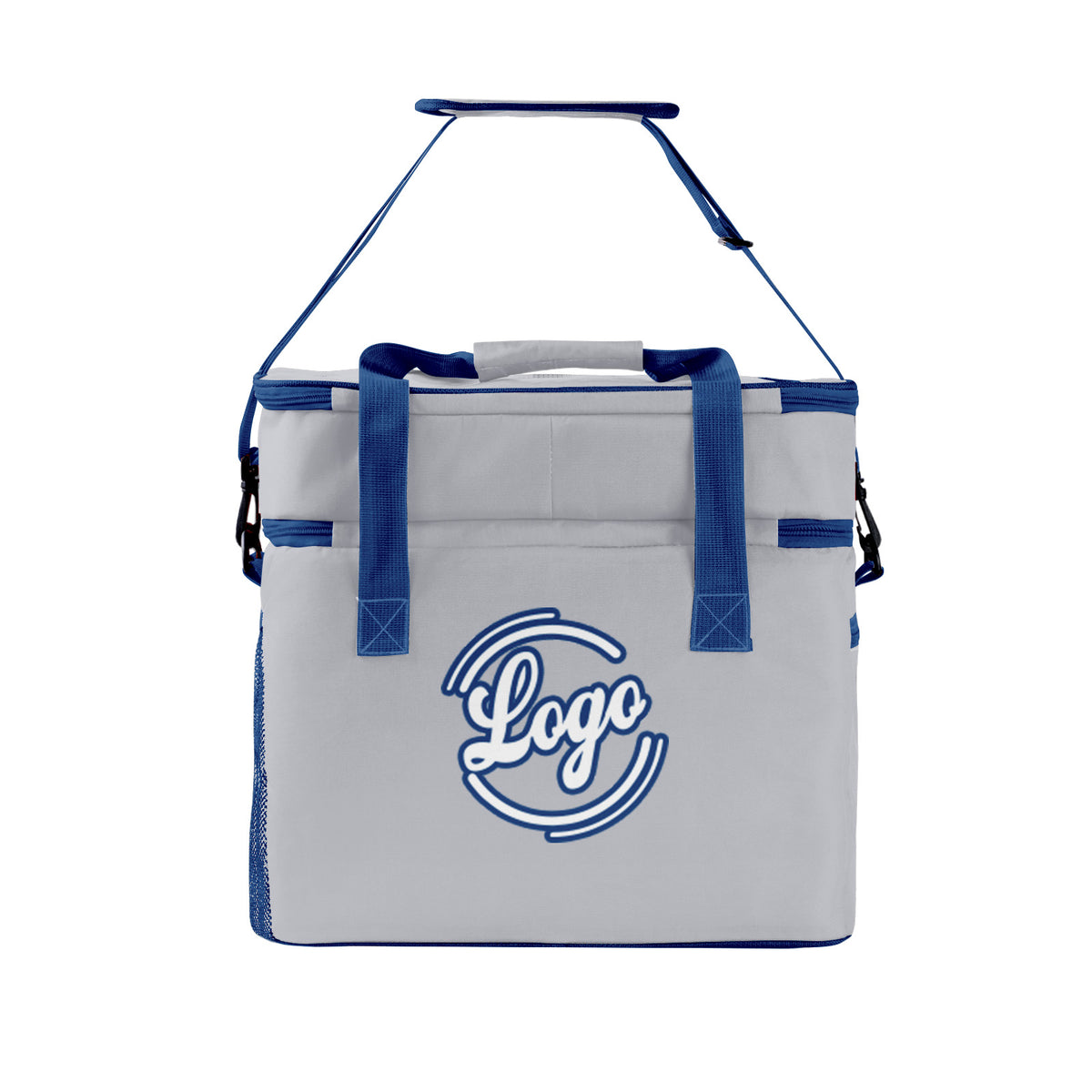 Maßgeschickerte Grau Dunkelblau vollflächig bedruckte isolierte Kühltasche mit Doppelwand Wasserdichte 600D Oxford Picknick-Tragetasche für Teamevents & Outdoor-Grillen