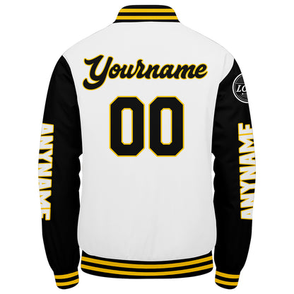 Maßgeschneiderte Schwarz Weiß Gelb Letterman Varsity Jacket Individuelle Stickerei Druck nach Ihrem Wunsch