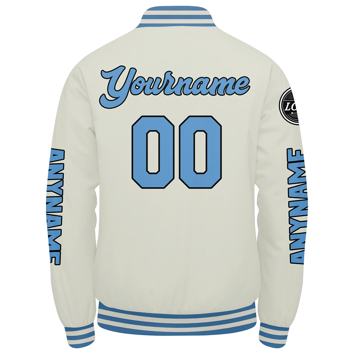 Maßgeschneiderte Creme Hellblau Letterman Varsity Jacket Individuelle Stickerei Druck nach Ihrem Wunsch