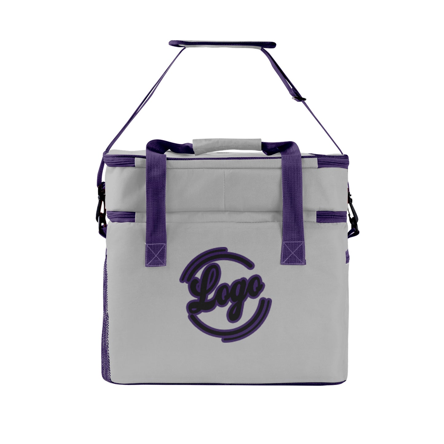 Maßgeschickerte Grau Lila vollflächig bedruckte isolierte Kühltasche mit Doppelwand Wasserdichte 600D Oxford Picknick-Tragetasche für Teamevents & Outdoor-Grillen
