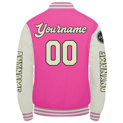 Maßgeschneiderte Rosa Creme Letterman Varsity Jacket Individuelle Stickerei Druck nach Ihrem Wunsch