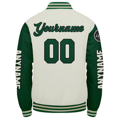 Maßgeschneiderte Grüne Creme Letterman Varsity Jacket Individuelle Stickerei Druck nach Ihrem Wunsch