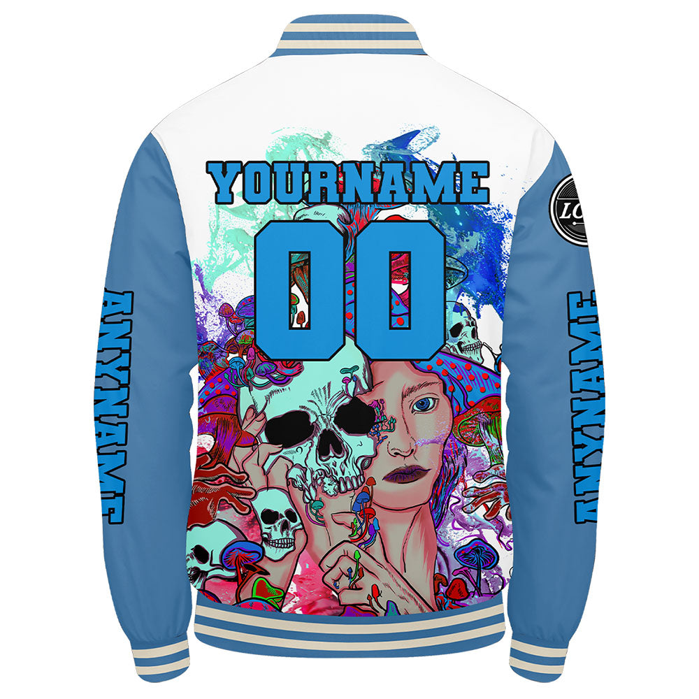 Maßgeschneiderte Hellblau Letterman Varsity Jacket Individuelle Stickerei Druck nach Ihrem Wunsch