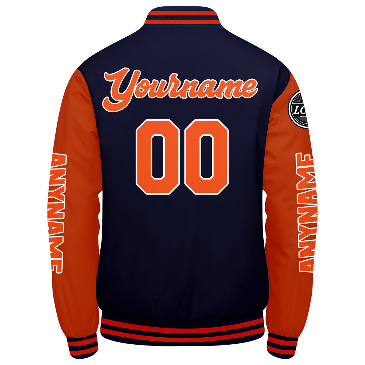 Maßgeschneiderte Marine Orange Letterman Varsity Jacket Individuelle Stickerei Druck nach Ihrem Wunsch