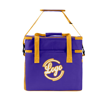 Maßgeschickerte Lila Gelb vollflächig bedruckte isolierte Kühltasche mit Doppelwand Wasserdichte 600D Oxford Picknick-Tragetasche für Teamevents & Outdoor-Grillen