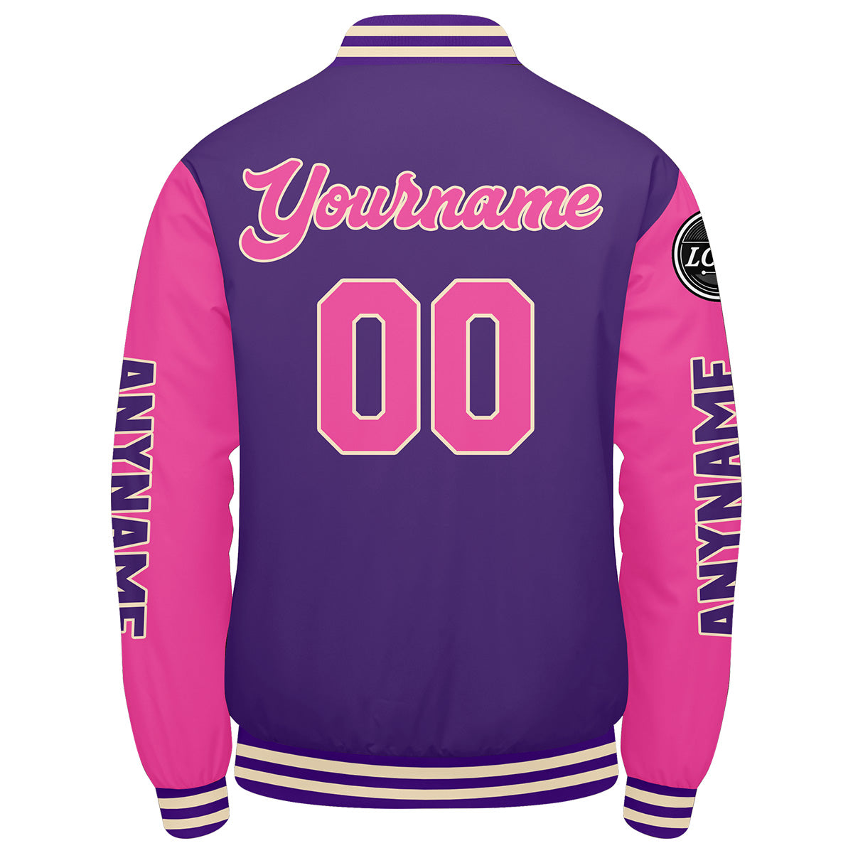Maßgeschneiderte Lila Rosa Letterman Varsity Jacket Individuelle Stickerei Druck nach Ihrem Wunsch