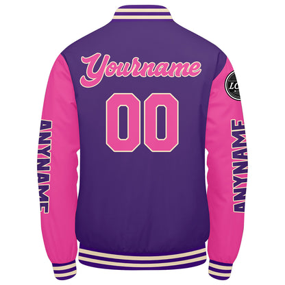 Maßgeschneiderte Lila Rosa Letterman Varsity Jacket Individuelle Stickerei Druck nach Ihrem Wunsch