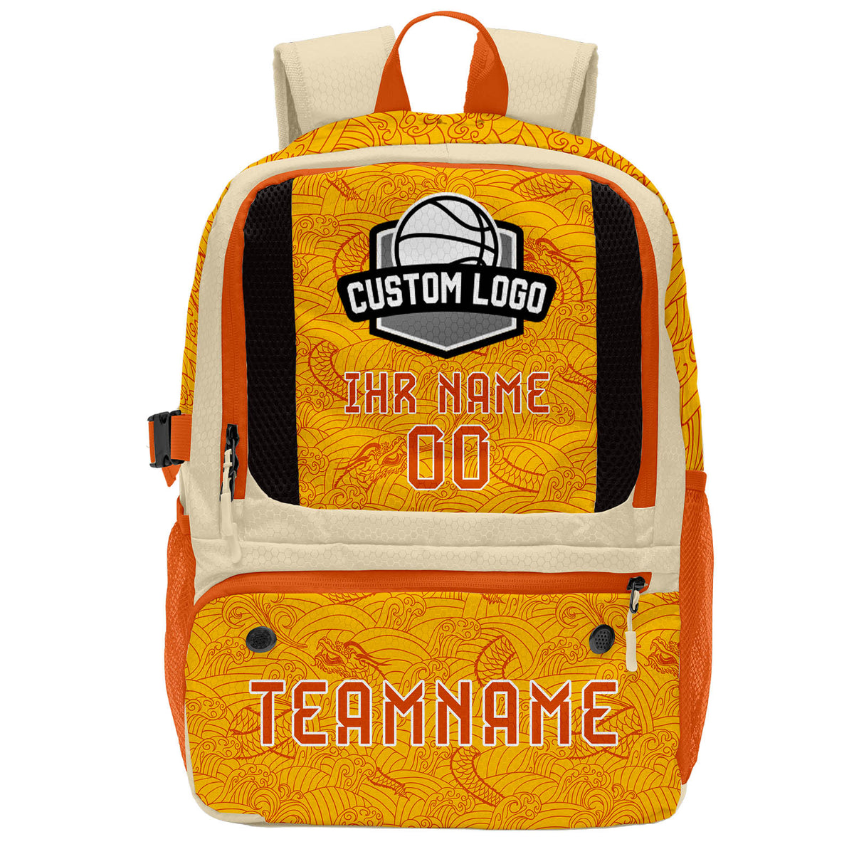 Personalisierter Basketball - und Fußballrucksack in Weiß & Orange und Gelb mit Spielernamen & Nummern und Teamlogo #BP-0919-0034
