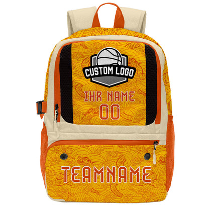 Personalisierter Basketball - und Fußballrucksack in Weiß & Orange und Gelb mit Spielernamen & Nummern und Teamlogo #BP-0919-0034