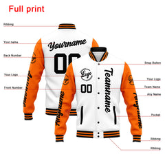 Benutzerdefinierte Varsity-Jacke. Letterman-Jacke für Männer, Frauen und Jugendliche Orange Weiß