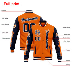 Benutzerdefinierte Varsity-Jacke. Letterman-Jacke für Männer, Frauen und Jugendliche Marine Orange