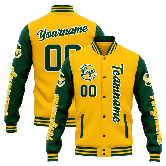 Benutzerdefinierte Varsity-Jacke. Letterman-Jacke für Männer, Frauen und Jugendliche Grün Gelb