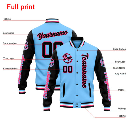 Benutzerdefinierte Varsity-Jacke. Letterman-Jacke für Männer, Frauen und Jugendliche Hellblau Schwarz