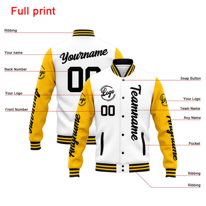 Benutzerdefinierte Varsity-Jacke. Letterman-Jacke für Männer, Frauen und Jugendliche Gelb Weiß