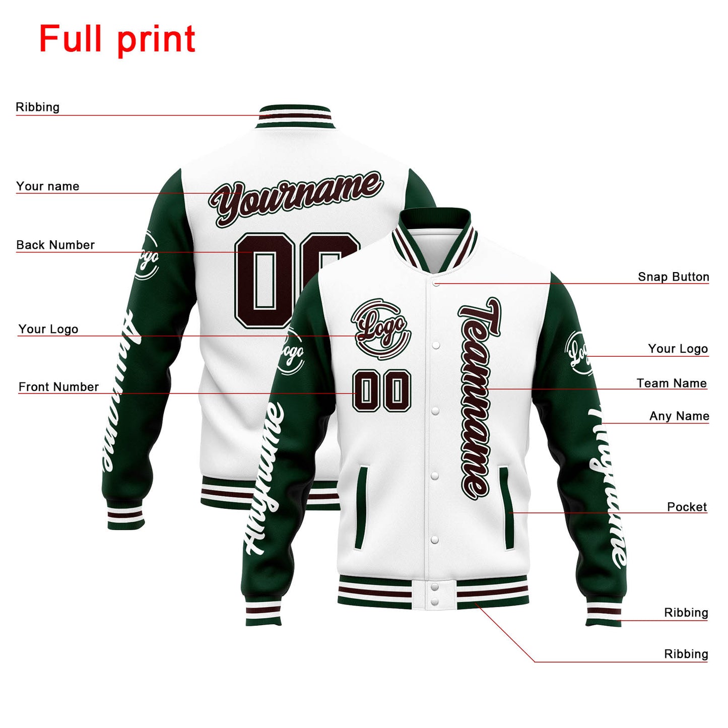 Benutzerdefinierte Varsity-Jacke. Letterman-Jacke für Männer, Frauen und Jugendliche Weiß Grün Braun