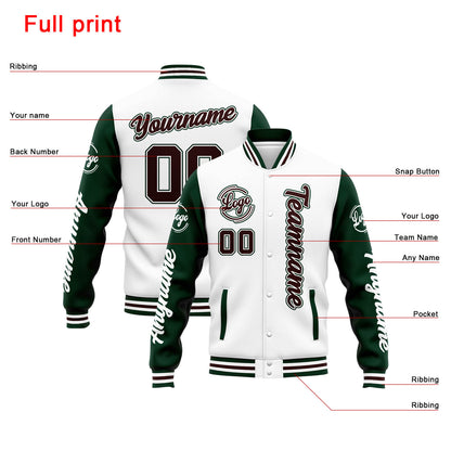 Benutzerdefinierte Varsity-Jacke. Letterman-Jacke für Männer, Frauen und Jugendliche Weiß Grün Braun