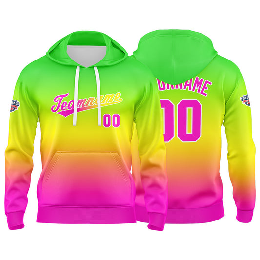 Benutzerdefinierter Verlauf Hoodie für Mann, Frau, Mädchen, Junge. Drucken Sie Ihr Logo, Ihren Namen und Ihre Nummer Grün Gelb Rosa