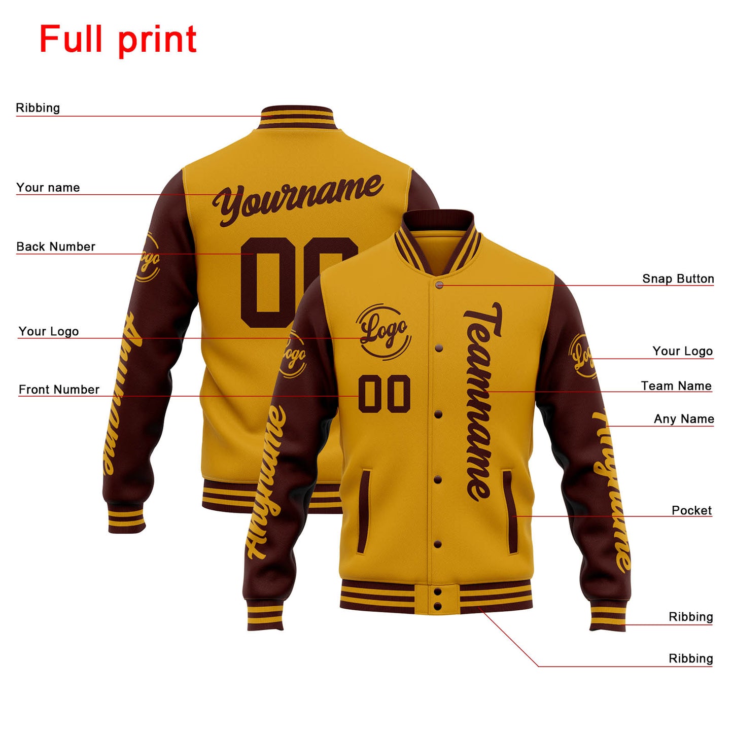 Benutzerdefinierte Varsity-Jacke. Letterman-Jacke für Männer, Frauen und Jugendliche Gold Burgund