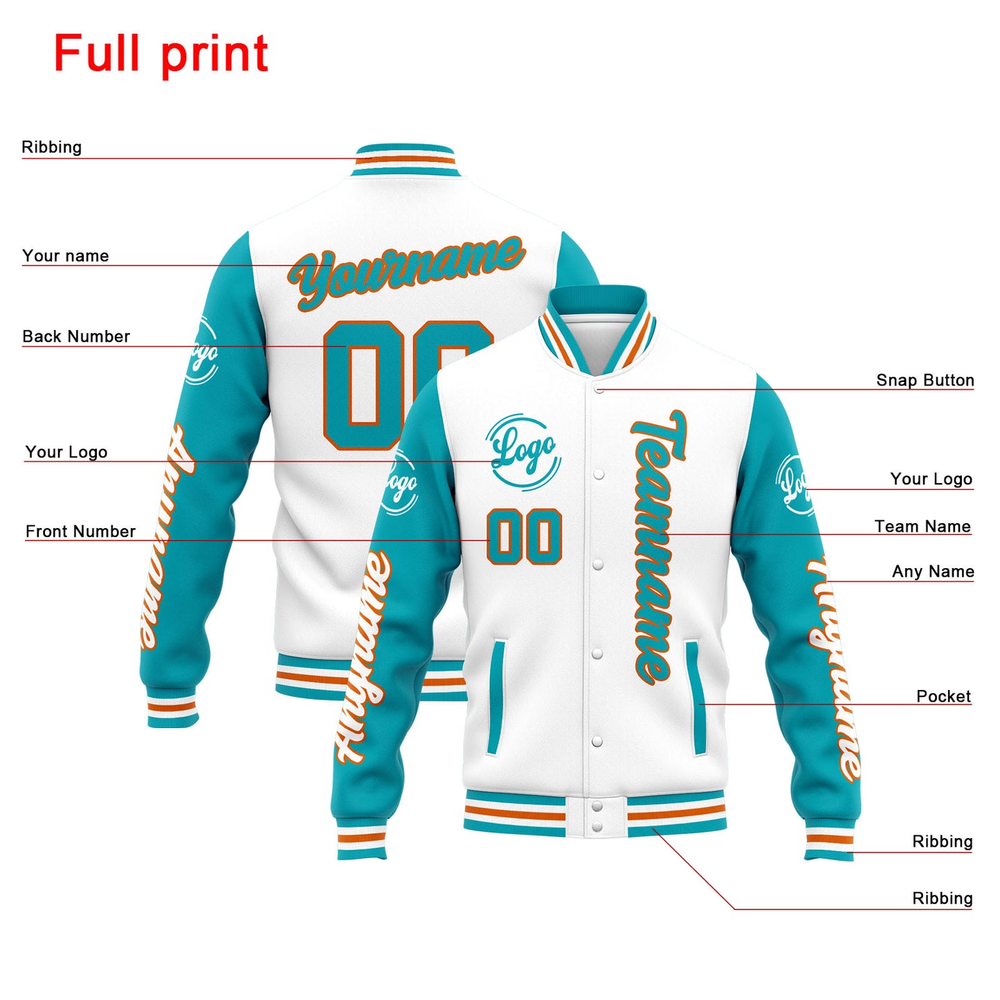 Benutzerdefinierte Varsity-Jacke. Letterman-Jacke für Männer, Frauen und Jugendliche Weiß Teal