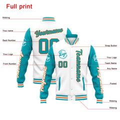 Benutzerdefinierte Varsity-Jacke. Letterman-Jacke für Männer, Frauen und Jugendliche Weiß Teal