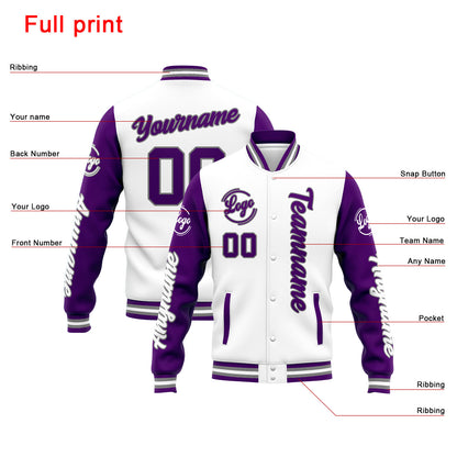 Benutzerdefinierte Varsity-Jacke. Letterman-Jacke für Männer, Frauen und Jugendliche  Weiß Lila