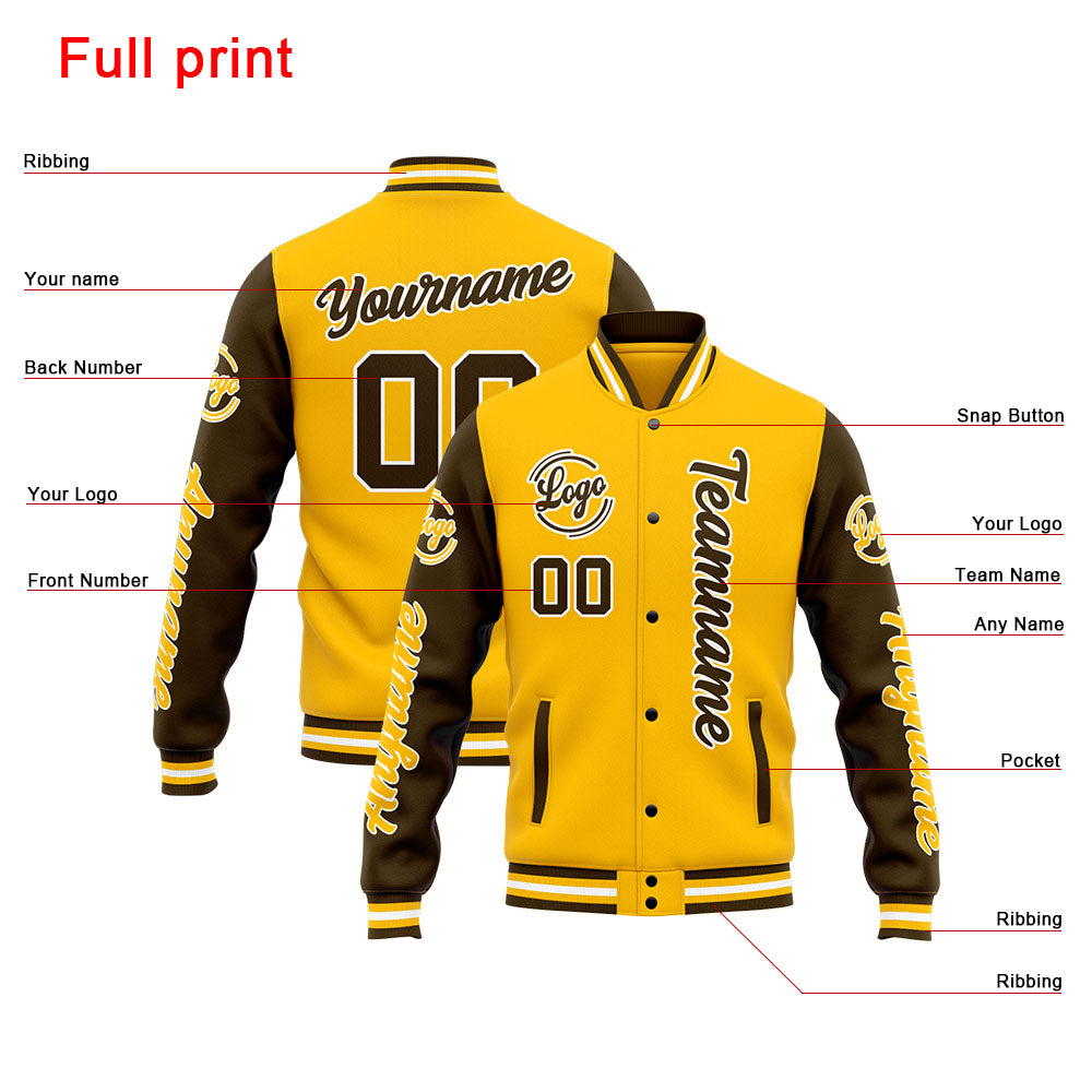 Benutzerdefinierte Varsity-Jacke. Letterman-Jacke für Männer, Frauen und Jugendliche Braun Gelb