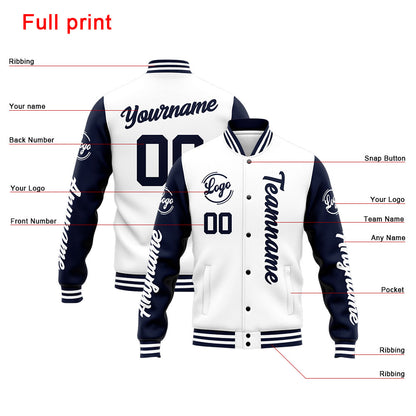 Benutzerdefinierte Varsity-Jacke. Letterman-Jacke für Männer, Frauen und Jugendliche Marine Weiß