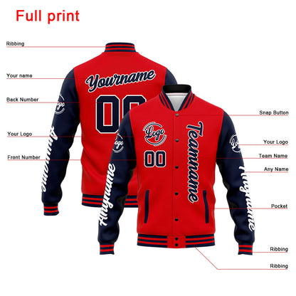 Benutzerdefinierte Varsity-Jacke. Letterman-Jacke für Männer, Frauen und Jugendliche Marine Rot
