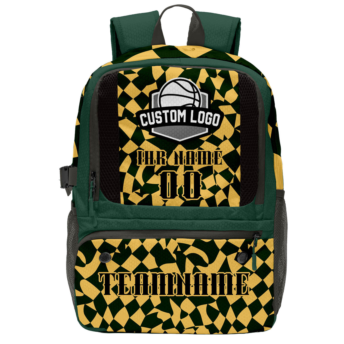 Personalisierter Basketball - und Fußballrucksack in Olivgrün und Gold mit Spielernamen & Nummern und Teamlogo #BP-0919-0022