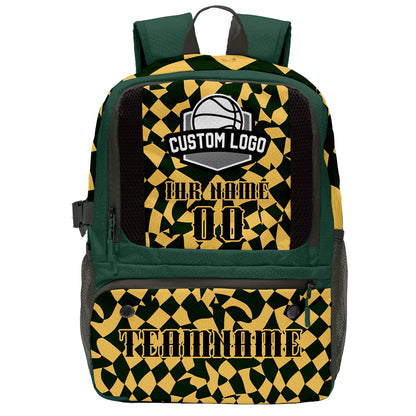 Personalisierter Basketball - und Fußballrucksack in Olivgrün und Gold mit Spielernamen & Nummern und Teamlogo #BP-0919-0022