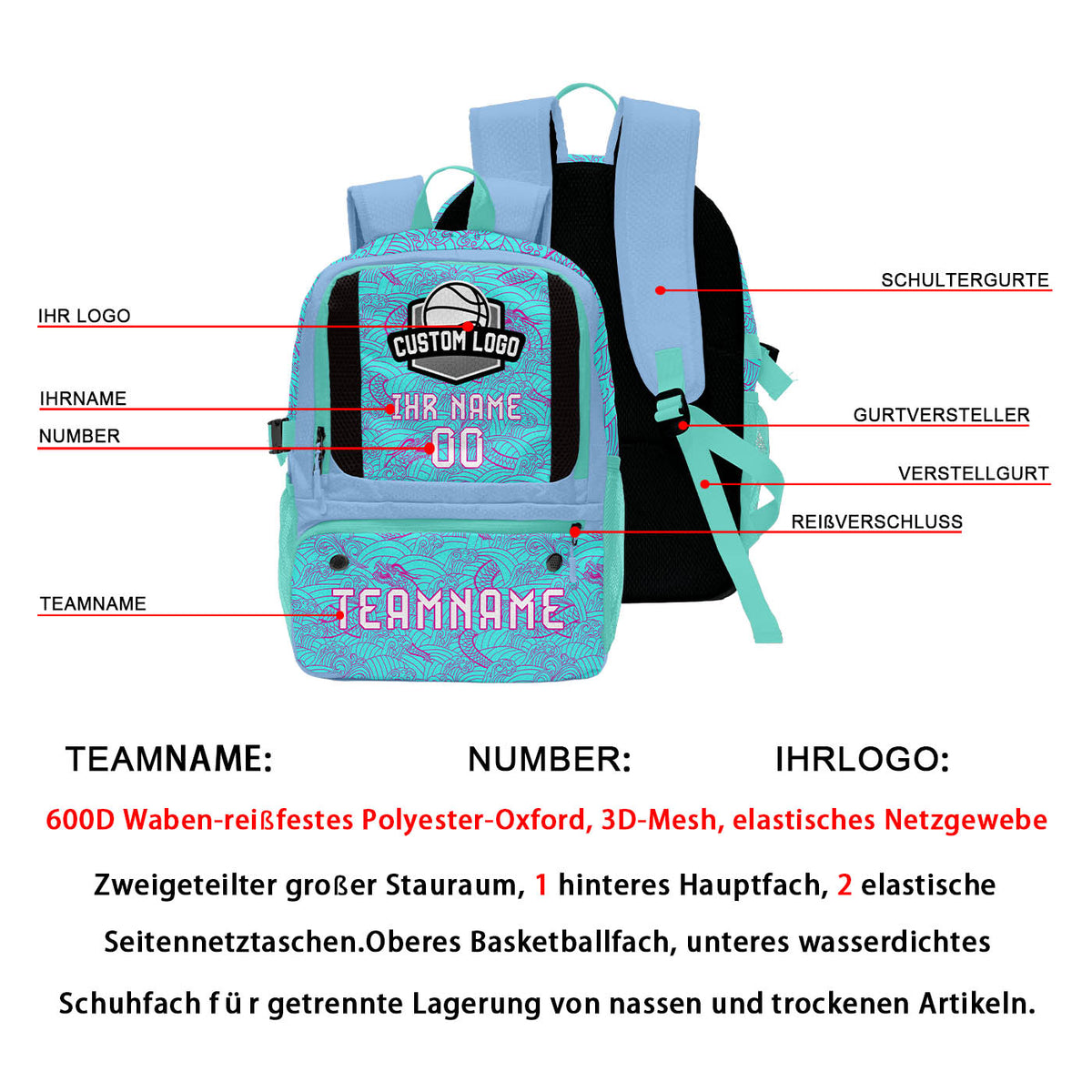 Personalisierter Basketball - und Fußballrucksack in Cyan & Lila und Blau mit Spielernamen & Nummern und Teamlogo #BP-0919-0013