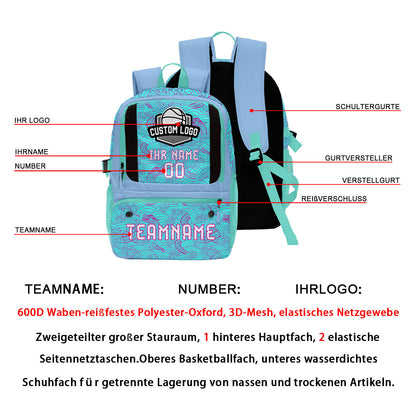 Personalisierter Basketball - und Fußballrucksack in Cyan & Lila und Blau mit Spielernamen & Nummern und Teamlogo #BP-0919-0013
